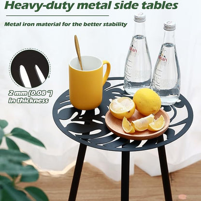 Metal Outdoor Side Tables Set of Two Small Outside Round End Table for Patio Modern Accent Garden Corner Table for Small Spaces, Balcony, Porch, Weather-Resistant, Plant Stand Indoor, Black