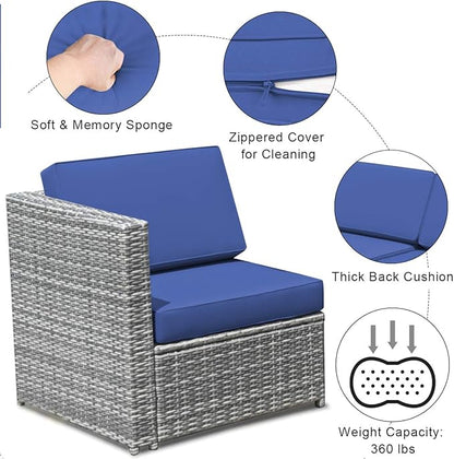 Tangkula 8 Pieces Wicker Patio Furniture Set with Storage Deck Box, PE Rattan Outdoor Sectional Sofa Conversation Set with Coffee Table & Cushions, Outside Furniture for Garden Yard Poolside (Navy)