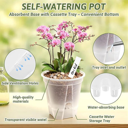 Clear Self Watering Pots for Indoor Plants with 9 Plant Labels, Deep Reservoir, High Drainage Holes, Bare Root Planter for Indoor/Outdoor Plants (5PCS)