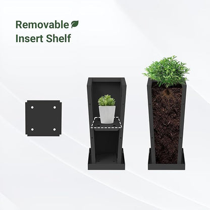 Tall Planters 18" H - 2 Pack, Tapered Pots with Drainage Insert Shelve & Trays, Metal Outdoor Planter Box for Porch, Garden, Patio, Yard (Black)