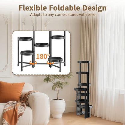 LASZOLA 7 Tiered Folding Tall Plant Stand Indoor for Multiple Large Planter, Heavy Duty Metal Adjustable Flower Rack for Narrow Corner, Sturdy Vertical Spiral Shelving Holder for Modern House, Black