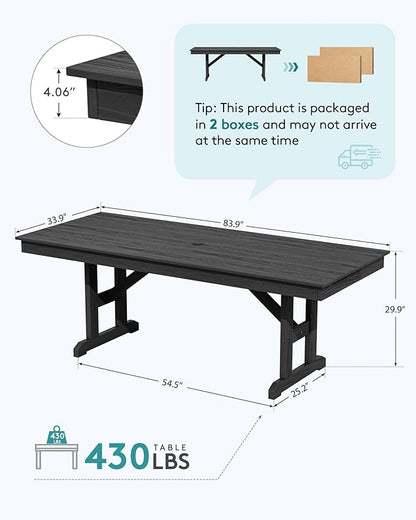 SERWALL Outdoor Dining Table, 84" Rectangular Dining Table for 6-10 Person, All Weather HDPE Outdoor Furniture for Backyard, Garden, Black