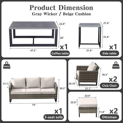 Belord 7 Piece Outdoor Furniture Patio Wicker Sofa Set, Oversize Outdoor Dining Chairs with Rattan Ottomans, Conversation Sets Patio Furniture Come with Removable Washable Cushion Beige