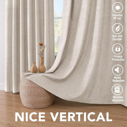 H.VERSAILTEX Linen Curtains 100% Blackout Curtains for Bedroom 90 inch Long Full Light Blocking Nature Linen Blended Window Curtains for Living Room Nickel Grommet (2 Panels, Natural)