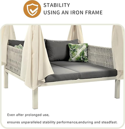 Merax Outdoor Patio Daybed with Soft Cushions and Curtains, Double Chaise Lounge Sunbed with Rubber Core Rope Backrest and Comfy Pillows for Outside Pool, Garden, Backyard, Lawn, Gray+Beige
