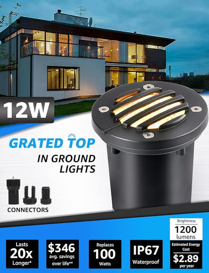 SUNVIE 12W Low Voltage Landscape Lighting Anti-Glare LED Well Lights(Grated Top) 12V-24V Waterproof Outdoor In-Ground Lights 3000K Landscape Lighting for Garden Yard Pathway 6 Pack with Connectors