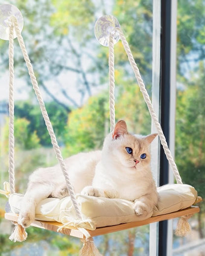 Cat Window Perch with Industrial-Grade Suction Cups - Solid Pine Wood Hammock Bed, Soft Cushion - 42 lb Capacity for Cats Inside