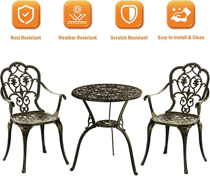 Patio Bistro Set of 2, Cast Aluminum, Outdoor Set w/Umbrella Hole, 3 Piece - Image 4