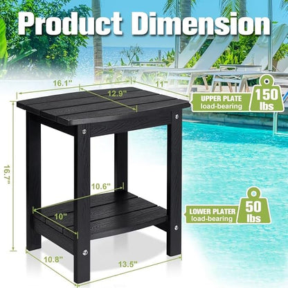 Y&M Outdoor Side Table, HIPS Adirondack Small Double Layer Table, Waterproof Square Outside Table, Balcony Modern End Tables for Patio, Pool, Beach, Porch, Deck, Indoor or Outdoor Use, Black