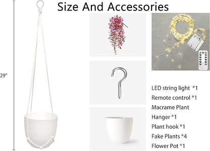 Comtelek Artificial Flowers for Outdoors Fake Hanging Plants with Lights, 4pcs Silk Flowers UV Resistant Realistic Hanging Planter Faux Flower for Outside Porch Patio Home Garden Yard Decor