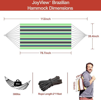 JoyView Brazilian Hammock for Single Preson - 78.8x39.4” Portable Cotton Hammock with Hanging Ropes & Carry Bag Large for Patio 300LBS Capacity Perfect for Outdoor/Indoor - Green/Black Stripe