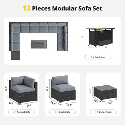 Aoxun Patio Furniture Set with Fire Pit Table, 12 Piece Outdoor Sectional Sofas, 10 Seats Wicker Rattan Outdoor Furniture with Thickened Cushion for Backyard, Garden Light Grey