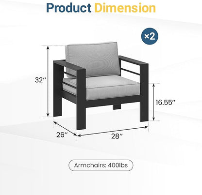Wisteria Lane Patio Furniture Metal Armchair, Set of 2, Metal Outdoor Chairs with Upgraded Cushions, All-Weather Outdoor Single Sofa for Balcony, Garden, Deck, Backyard, Grey