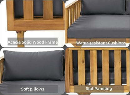 Merax Outdoor 3 Seater Daybed, Acacia Wood Day Bed Couch Sofa with Cushions for Patio Backyard, Garden, Dark Grey + Brown