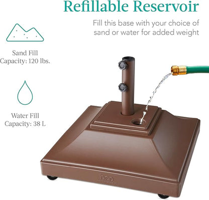 Best Choice Products Fillable Mobile Umbrella Base, Heavy Duty Base, Square Tiered Market Stand for Patio, Deck, Outdoor w/ 4 Wheels, 2 Locks, 2 Knobs, 120lb Capacity - Brown