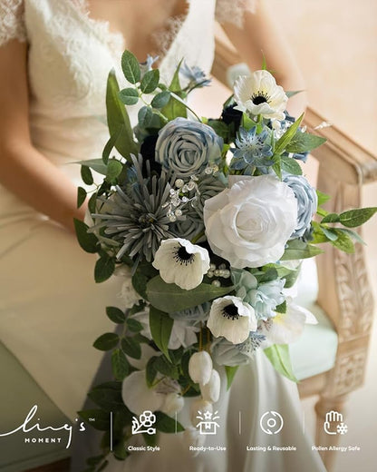 Artificial Flowers Cascade Bridal Bouquet, Dusty Blue Silk with Pearls
