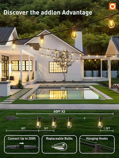 addlon 100FT LED Outdoor String Lights, Remote Dimmable Patio Lights with Timer & 3 Lighting Modes, 32 Shatterproof Edison Bulbs, Waterproof Connectable String Lights for Outside Backyard Porch Party