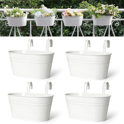 Dahey 10.5 Inch Metal Iron Hanging Flower Pots for Railing Fence Hanging Bucket Pots Countryside Style Outdoor Planter Window Flower Plant Holder with Detachable Hooks Home Decor,White,4 Pcs