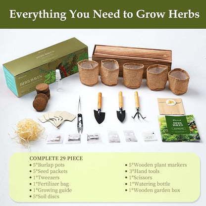 5 Herb Garden Planter Indoor with Wooden Box, Home Kitchen Seed Starter Kit Including Basil, Thyme, Parsley, Rosemary, Mint, Birthday, Mothers Day, House Warming, Gardening Gifts for Women, Mom