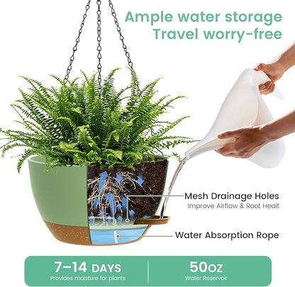 13 Inch 2 Pack Large Self Watering Hanging Planters for Indoor Outdoor Plants, Hanging Plant Pots with Removable 50 Oz Reservoir, Plastic Hanging Basket for Window Porch Garden, Green with Brown