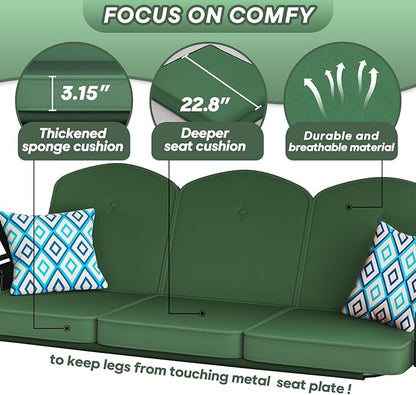 3 Seat Outdoor Porch Patio Swing with Stand 800lbs 2-in-1 Convertible Swing Bed with Adjustable Canopy & Removable Cushion for Yard Garden Deck (Green, Square Tube)