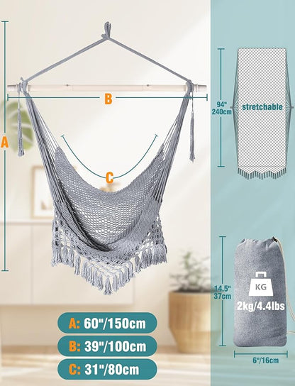 Chihee Hammock Chair Super Large Soft-Spun Cotton Rope Weaving Hanging Chair, Collapsible Strong Metal Spreader Bar Wide Seat Lace Stretch Swing Chairs Indoor Outdoor Garden Yard Theme Decoration