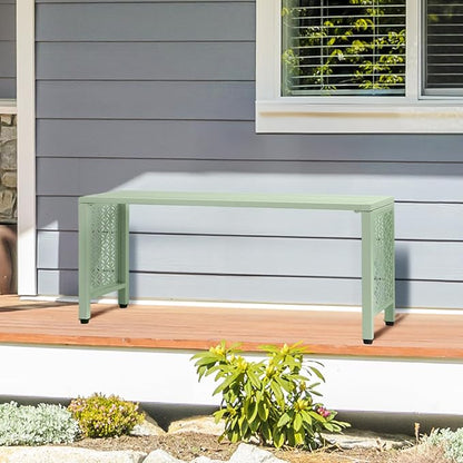 VINGLI 40in Outdoor Metal Bench, All-Weathe Backless Patio Bench with Slatted Seat＆Floral Side Panels, Rust-Resistant Garden Bench, Weatherproof Outdoor Seating for Porch Entryway Backyard (Green)