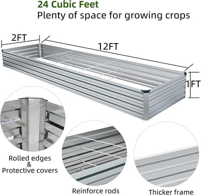 2 Pack 12x2x1FT Galvanized Raised Garden Bed Kit, Outdoor Metal Planter Box for Vegetables, Bottomless Rectangular Gardening Bed with Support Rods, Tool-Free Assembly, Silver