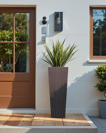 Greesum 24 Inch Tall Plastic Planters (Set of 2), Detachable Inner Pot & Drainage Holes, Outdoor Decorative Flower Pots for Large Plants, Trees, Patio, and Garden, Brown