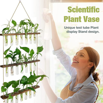 XXXFLOWER Wall Hanging Propagation Station with Wooden Stand 21 Glass Test Tubes 3 Tiers Planters Wall Terrarium for Home Office Plant Hanger Flower Vases Wall Decor Hydroponic Cuttings