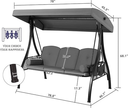 HOMREST 3 Seat Outdoor Porch Swing with 1.5" Deepened Cup Holder, Adjustable Canopy, Patio Swing Bed with Stand, Patio Glider Swing with Thicken Cushions, Pillow for Yard, Garden(Grey)