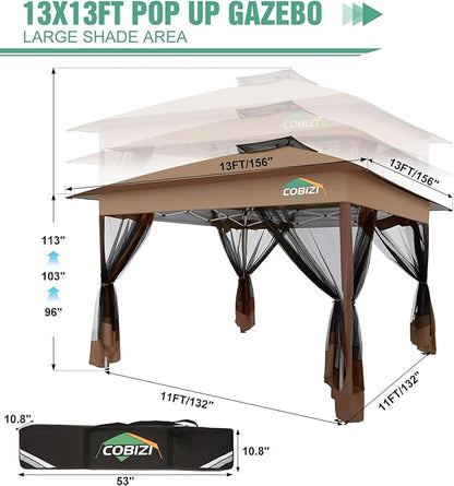 COBIZI 13x13 Pop Up Gazebos On Clearance Canopy Tent- Upgrade Metal Outdoor Canopy Waterproof - Portable Gazebo with Mosquito Nettings, 4 Ropes 8 Stakes and Carry Bag for Patio Garden(Brown)