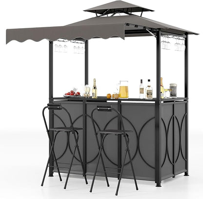 Tangkula 3 Piece Patio Bar Set, Grill Gazebo & 2 Foldable Bar Stools with Awning, Metal Storage Shelves, Glass Holders, Double-Tier Outdoor Shelter for Patio Poolside Garden Backyard (Gray)