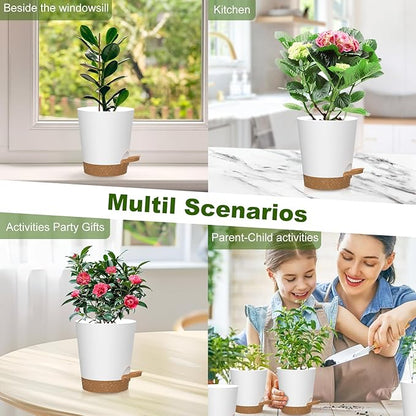 Self Watering Pots, 4 inch Flower Pots with Multi Mesh Drainage Holes, Small Platic Planters for Indoor Outdoor Garden Plants and Flowers (Whtie with Brown Tray, 4")