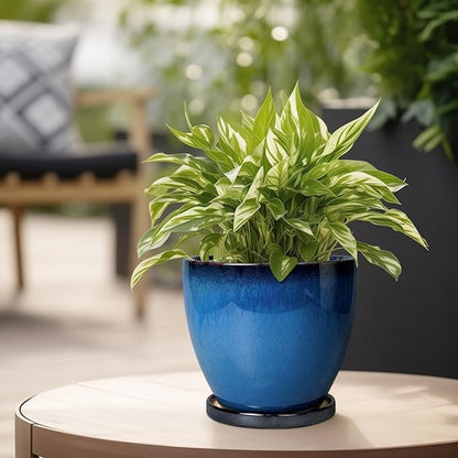 Ceramic Planters for Indoor Plants - 6.3 Inch Plant Pot with Drainage Hole and Saucer Round Modern Planter Home Garden Patio Decor Blue