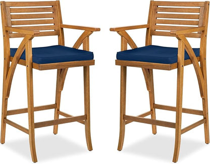 Best Choice Products Set of 2 Outdoor Acacia Wood Bar Stools Bar Chairs for Patio, Pool, Garden w/Weather-Resistant Cushions - Navy