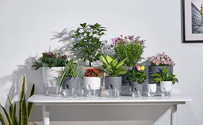 Self Watering Planter for Indoor Plants, 2 Pack 9.3 Inch Flower Pot Modern Decorative Plastic Planter with Extra Large Water Storage for All House Plants, Flowers, Herbs(Gray)