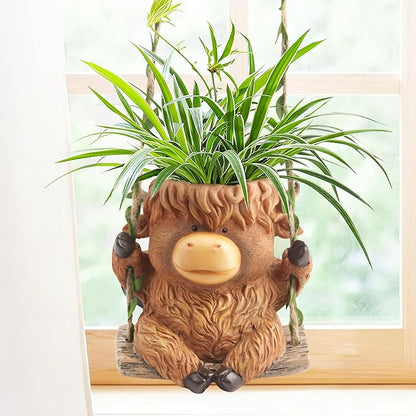 Swing Highland Cow Hanging Planters for Indoor Plants, Cute Small Planter Pot for Indoor Outdoor Plants, Succulent Pots with Drainage Hole, Unique Funny Hanging Plant Flower Pot, Gift Ideas