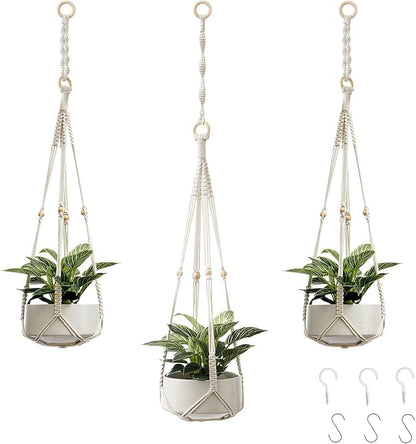 CADNLY Macrame Plant Hangers Indoor – Rope Hanging Plant Holder with Extender - Boho Hanging Planters Indoor - White Macrame Hanger Outdoor Flower Pot Holder from Ceiling Wall 3 Pack 6 Hooks