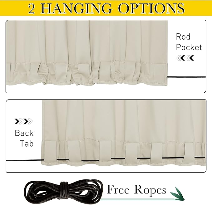 NICETOWN 2 Panels Outdoor Curtains for Patio Waterproof 84" Long, Windproof Grommet & Back Tab on Top & Bottom Thermal Insulated Sun Blocking Drapes with Rope for Gazebo, Beige, W100 per Panel