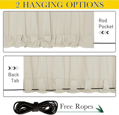 NICETOWN 2 Panels Waterproof Outdoor Curtains Fixed Grommet & Back Tab on Top & Bottom, Thermal Insulated Keep Rain & Sun Out Privacy Windproof Outdoor Draperies with Rope, W52 x L72, Beige