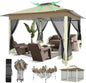 COBIZI 12x12 Pop Up Gazebo On Clearance - Upgrade Easy Up Metal Outdoor Canopy Waterproof - Portable Gazebo with Mosquito Nettings, 4 Ropes 8 Stakes and Carry Bag for Patio Garden(Khaki)
