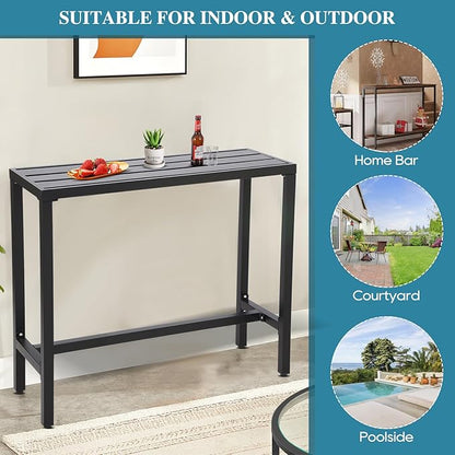Outdoor Bar Table, Patio Console Pub Height Tables with Powder Coated Steel Frame, Weather Resistant Waterproof Top for Hot Tub, Balcony, Garden, Yard, Poolside (Black, 47" Narrow Bar Table)