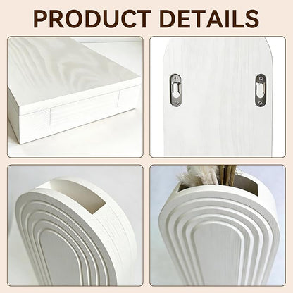 2 Pack Wooden Wall Vase Set, Boho Hanging Planter for Indoor Plants & Flowers, Wood Wall-Mounted Planters for Living Room, Modern Farmhouse Entryway or Bathroom, Rustic Art for Home (White)