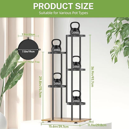 iDavosic.ly 5 Tier Plant Stand Indoor Outdoor, Tiered Corner Multiple Flower Pot Holder Shelf, Metal 37 Inch Tall Display Rack for Patio Porch Living Room Garden Balcony, Modern Black & Rustic Brown