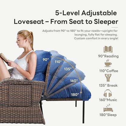 Belord Oversize Outdoor Daybed Set - Patio Recliner Loveseat with Storage Ottoman, Wicker Double Lounge Chair wth 5 Level Adjustable Backrest and 2 Retractable Table