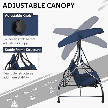 U-MAX Porch Swing with Cover, Patio Swing with Adjustable Backrest&Canopy 3 Seat Outdoor Swing with Canopy 2-in-1 Convertible Patio Daybed with Removable Blue Cushions