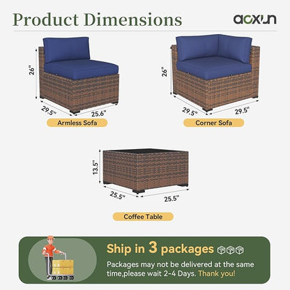 Aoxun 11 Piece Patio Furniture Set Wicker Rattan Patio Conversation Set Outdoor Sectional Sofa Set with Coffee Table and 4” Thickened Cushions, Blue(Waterproof Cover Included)