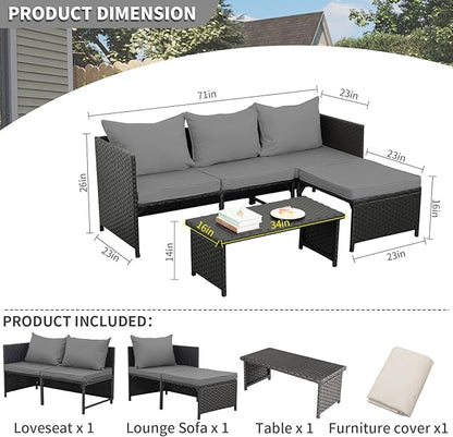 Valita 3-Piece Outdoor PE Rattan Furniture Set Patio Black Wicker Conversation Loveseat Sofa Sectional Couch Gray Cushion