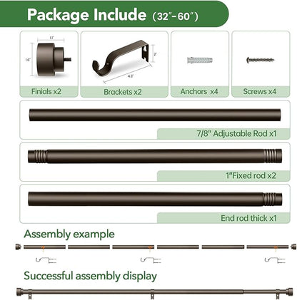 Curtain Rods for Windows 28 to 48, 1 Inch Adjustable Heavy Duty Long Window Outdoor Curtain Rod for Patio, Drapery Rods with Simple End Caps, Size 32"-60", Antique Bronze